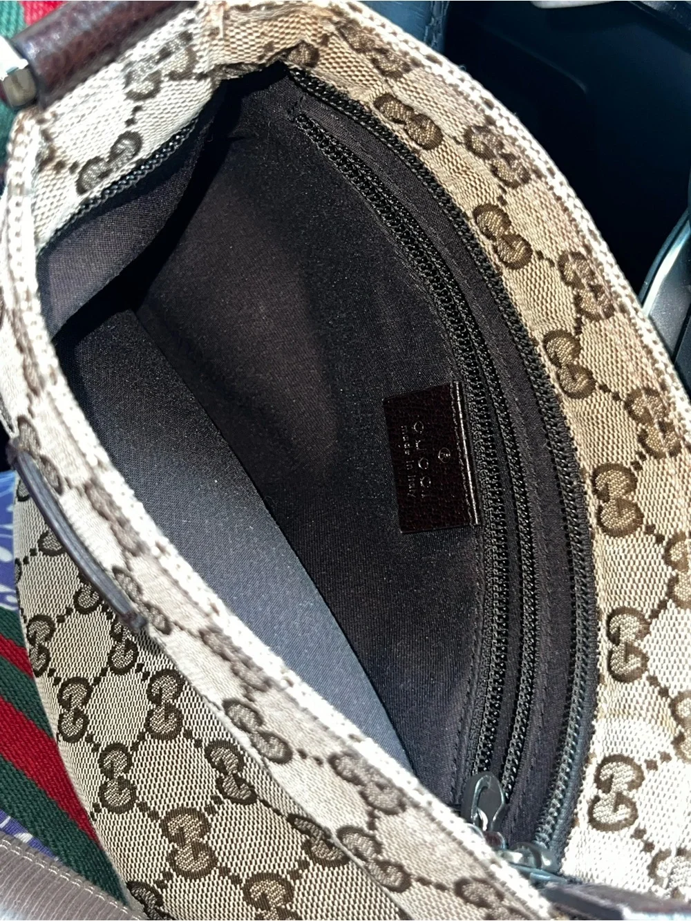 Gucci Beige GG Supreme Crossbody with Green-Red Web Strap